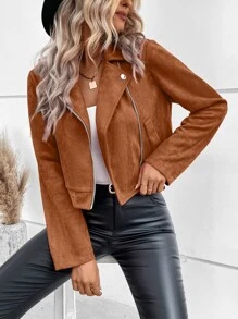 SHEIN LUNE Zip Up Faux Suede Biker Jacket - Brown - View 4