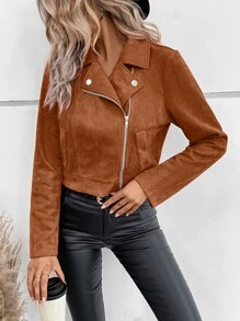 SHEIN LUNE Zip Up Faux Suede Biker Jacket - Brown - View 6