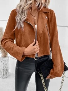 SHEIN LUNE Zip Up Faux Suede Biker Jacket - Brown - View 7