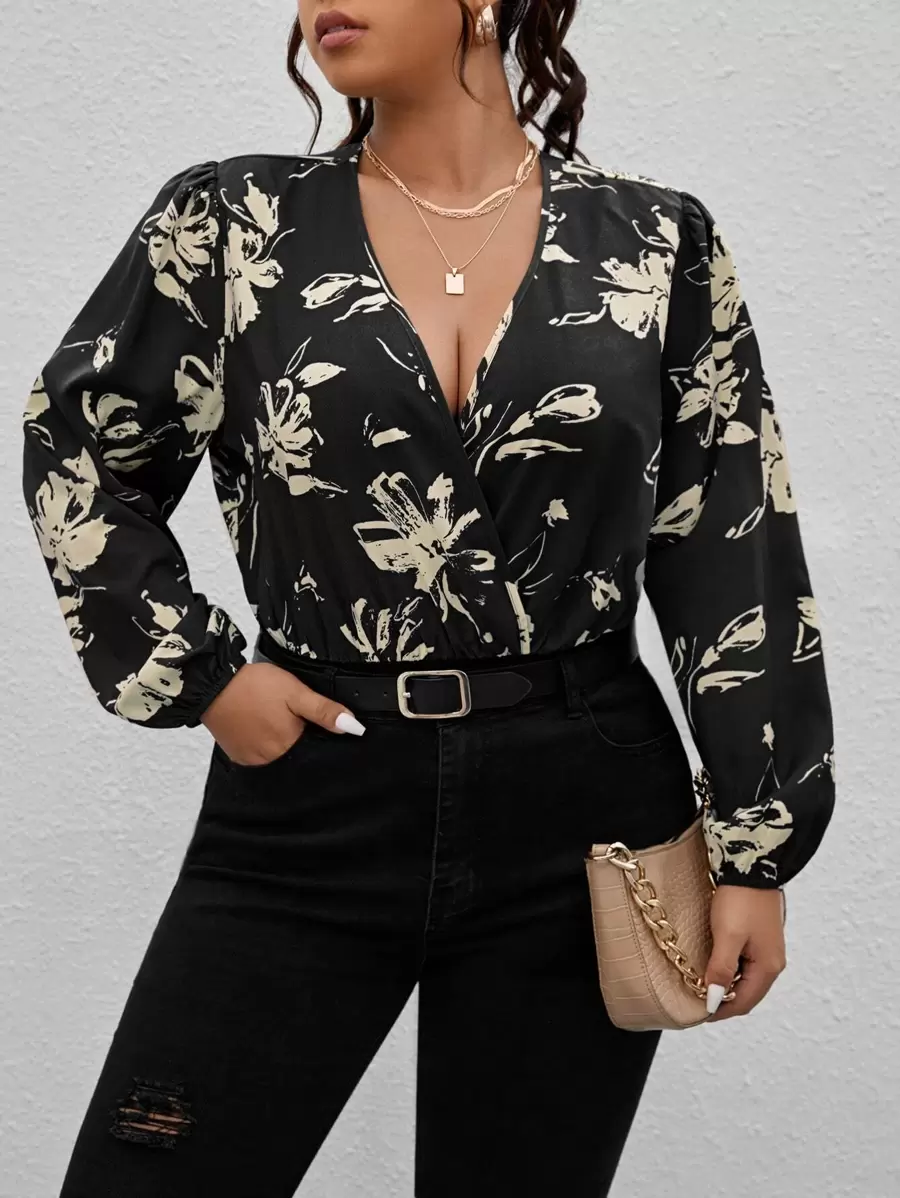 SHEIN Clasi Plus Floral Print Overlap Collar Lantern Sleeve Bodysuit - Black - View 1