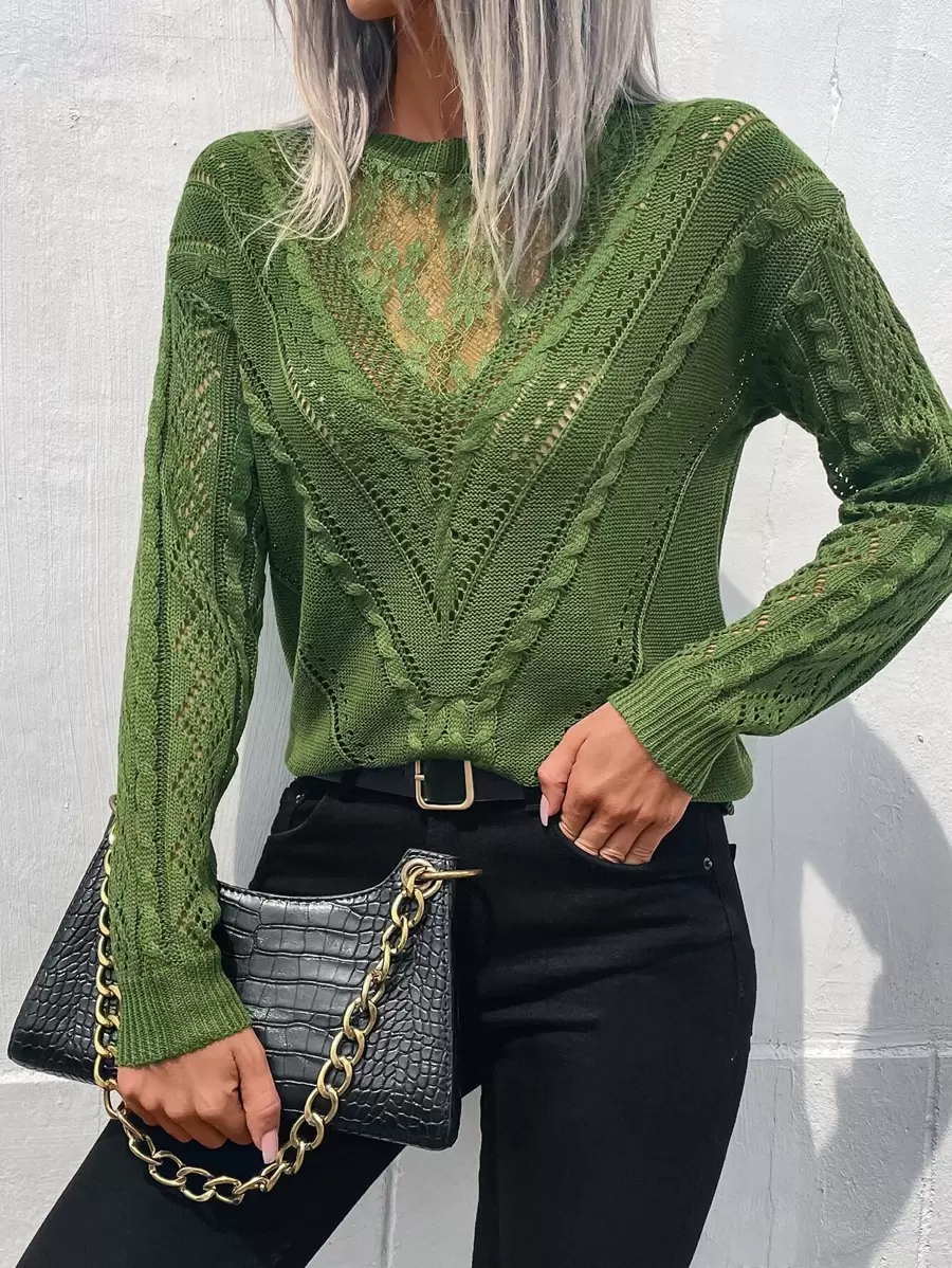 SHEIN LUNE Lace Panel Drop Shoulder Jumper - Green - View 1