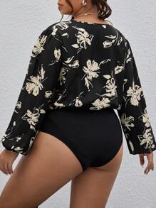 SHEIN Clasi Plus Floral Print Overlap Collar Lantern Sleeve Bodysuit - Black - View 2