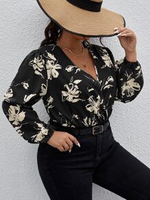 SHEIN Clasi Plus Floral Print Overlap Collar Lantern Sleeve Bodysuit - Black - View 4