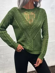 SHEIN LUNE Lace Panel Drop Shoulder Jumper - Green - View 4