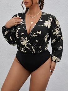SHEIN Clasi Plus Floral Print Overlap Collar Lantern Sleeve Bodysuit - Black - View 5