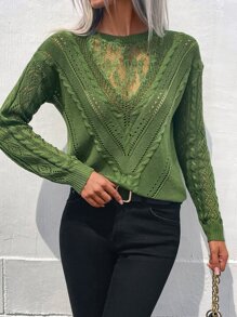 SHEIN LUNE Lace Panel Drop Shoulder Jumper - Green - View 6