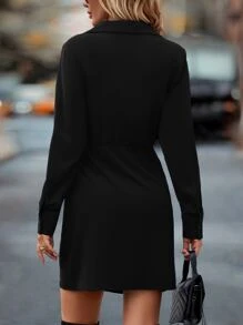 Chiquease Vestido unicolor cruzado con nudo lateral - Negro - Ver 2