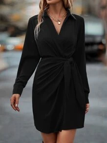 Chiquease Vestido unicolor cruzado con nudo lateral - Negro - Ver 4