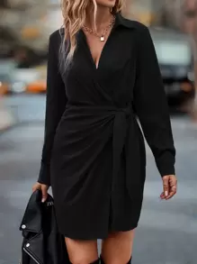Chiquease Vestido unicolor cruzado con nudo lateral - Negro - Ver 6