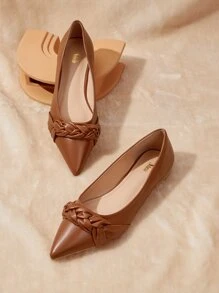 編織細節尖頭芭蕾舞鞋 - 駝色 - 查看 1