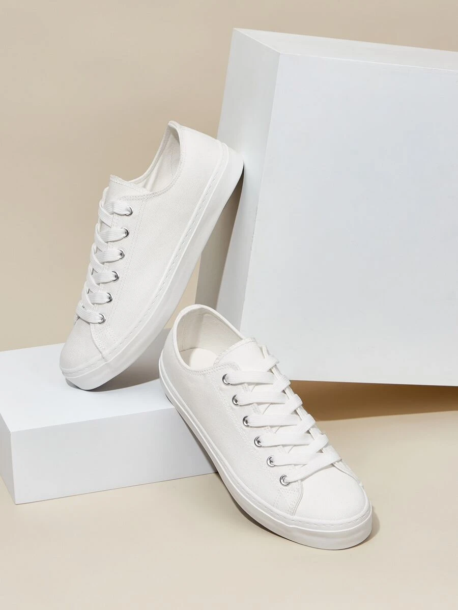 Minimalist Lace-up Front Canvas Shoes - White - View 1