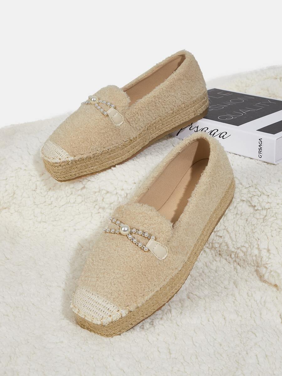 Faux Pearl & Rhinestone Decor Espadrille Flatform Court Shoes - Apricot - View 1