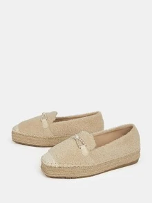 Faux Pearl & Rhinestone Decor Espadrille Flatform Court Shoes - Apricot - View 3