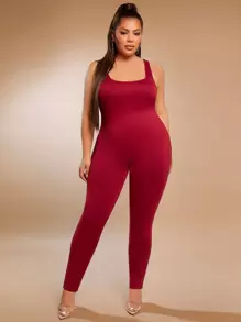 SHEIN SXY Jumpsuits Plus Size Lộ Lưng Chia màu trơn Giải trí - Màu Đỏ Sâu - Xem 1