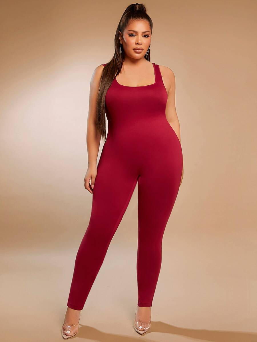 SHEIN SXY Jumpsuits Plus Size Lộ Lưng Chia màu trơn Giải trí - Màu Đỏ Sâu - Xem 1