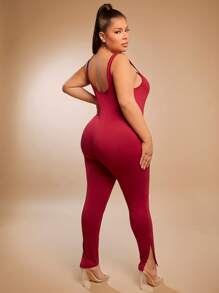 SHEIN SXY Jumpsuits Plus Size Lộ Lưng Chia màu trơn Giải trí - Màu Đỏ Sâu - Xem 2