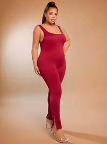 SHEIN SXY Jumpsuits Plus Size Lộ Lưng Chia màu trơn Giải trí - Màu Đỏ Sâu - Xem 3