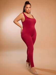 SHEIN SXY Jumpsuits Plus Size Lộ Lưng Chia màu trơn Giải trí - Màu Đỏ Sâu - Xem 4