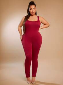 SHEIN SXY Jumpsuits Plus Size Lộ Lưng Chia màu trơn Giải trí - Màu Đỏ Sâu - Xem 5