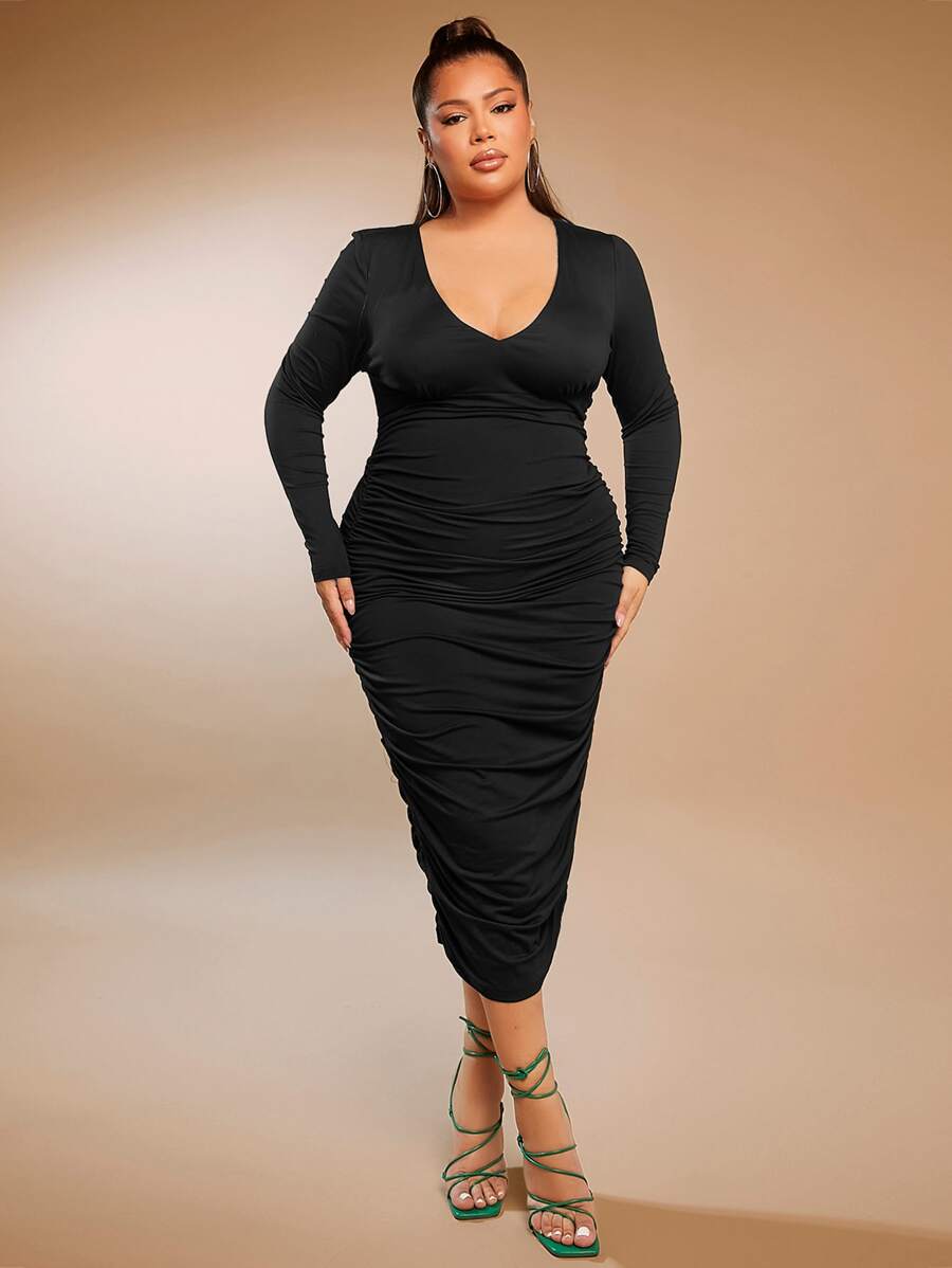 SHEIN SXY Plus Ruched Bodycon Dress - Black - View 1