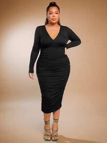 SHEIN SXY Plus Ruched Bodycon Dress - Black - View 3