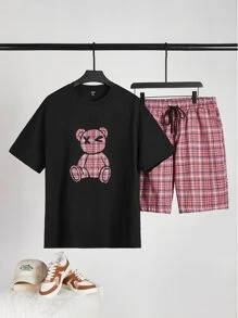 EASEVO Men Plus Plaid Cartoon Graphic Tee & Plaid Shorts - Multicolor - View 1