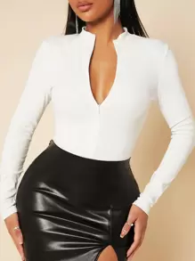 SHEIN SXY 拉鏈開襟修身連體衣 - 白色 - 查看 1