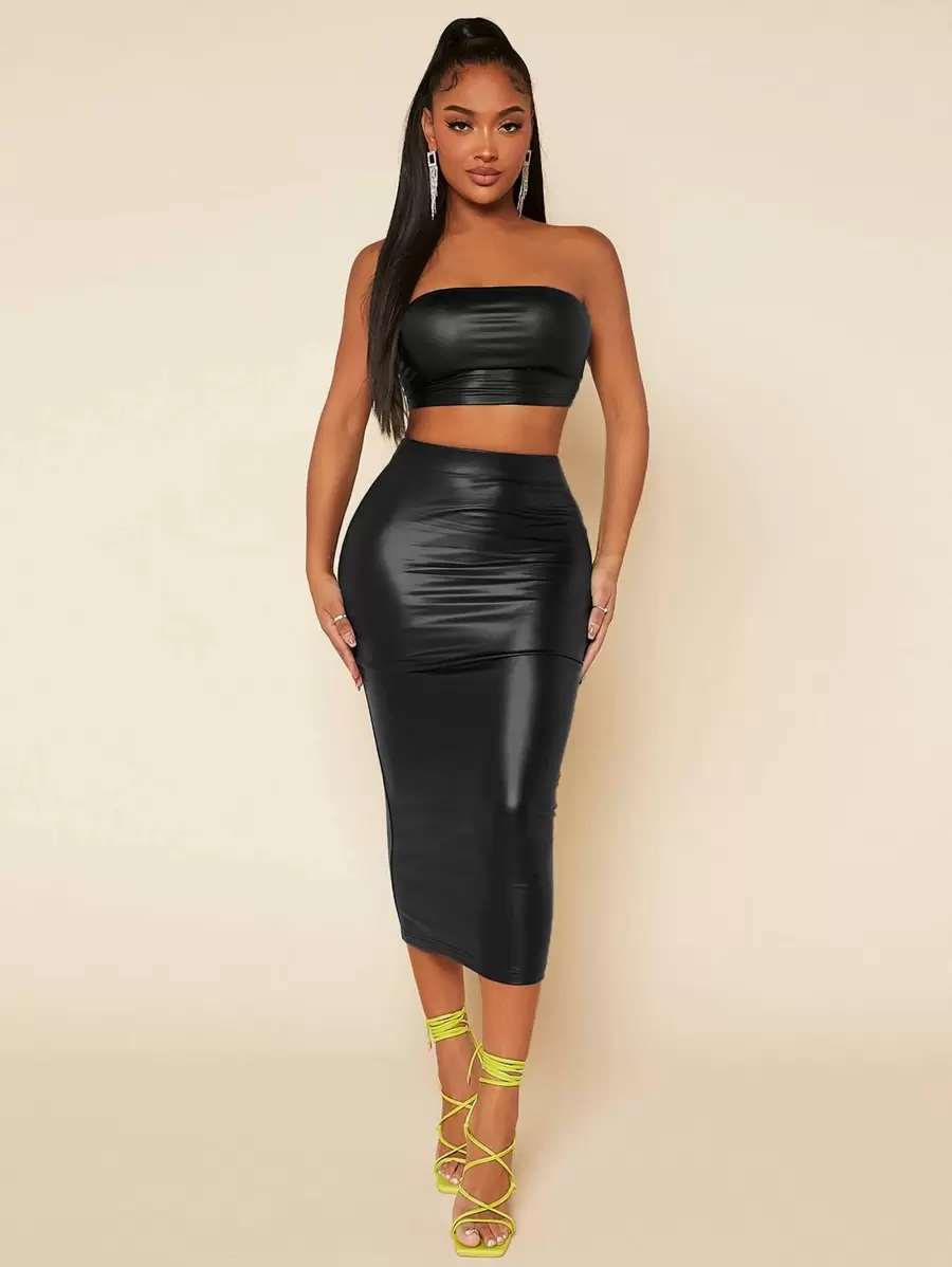 SHEIN SXY Summer;PU Leather Crop Tube Top & Pencil Skirt Black Two Piece  Set - Black - View 1