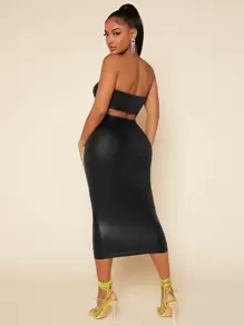 SHEIN SXY Summer;PU Leather Crop Tube Top & Pencil Skirt Black Two Piece  Set - Black - View 2