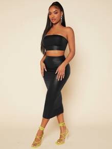SHEIN SXY Summer;PU Leather Crop Tube Top & Pencil Skirt Black Two Piece  Set - Black - View 3