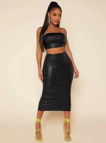 SHEIN SXY Summer;PU Leather Crop Tube Top & Pencil Skirt Black Two Piece  Set - Black - View 4