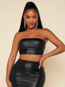 SHEIN SXY Summer;PU Leather Crop Tube Top & Pencil Skirt Black Two Piece  Set - Black - View 5