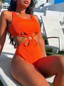 霓虹橙色肋骨剪裁一件式泳裝，夏日沙灘游泳衣 - 橘色 - 查看 1