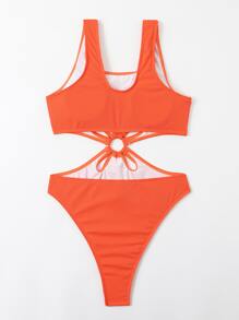 霓虹橙色肋骨剪裁一件式泳裝，夏日沙灘游泳衣 - 橘色 - 查看 2