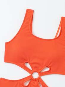 霓虹橙色肋骨剪裁一件式泳裝，夏日沙灘游泳衣 - 橘色 - 查看 3