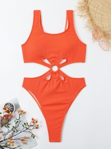 霓虹橙色肋骨剪裁一件式泳裝，夏日沙灘游泳衣 - 橘色 - 查看 4