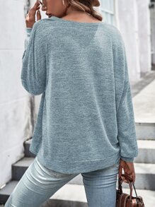 SHEIN LUNE Áo thun nữ màu trơn Giải trí - Màu xanh bụi bặm - Xem 2