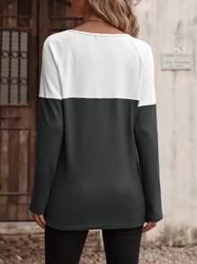SHEIN LUNE Colorblock Button Detail Raglan Sleeve Tee - Dark Grey - View 2