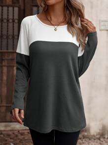 SHEIN LUNE Colorblock Button Detail Raglan Sleeve Tee - Dark Grey - View 3