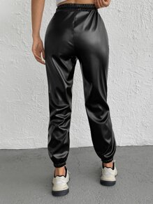 EURMUSE Elastic Waist PU Trousers - Black - View 2