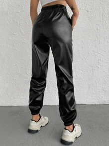EURMUSE Elastic Waist PU Trousers - Black - View 5