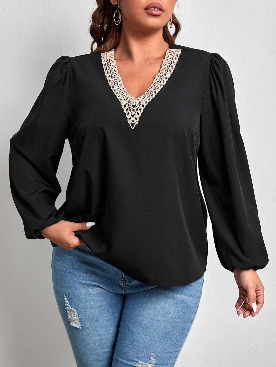 SHEIN Clasi 大碼水溶蕾絲拼接燈籠袖襯衫 - 黑色 - 查看 1