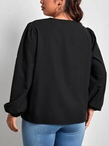 SHEIN Clasi 大碼水溶蕾絲拼接燈籠袖襯衫 - 黑色 - 查看 2