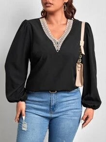 SHEIN Clasi 大碼水溶蕾絲拼接燈籠袖襯衫 - 黑色 - 查看 4