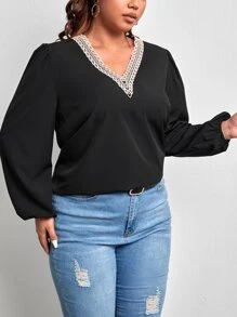 SHEIN Clasi 大碼水溶蕾絲拼接燈籠袖襯衫 - 黑色 - 查看 5