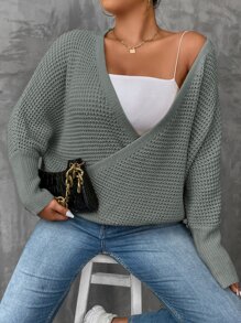SHEIN Unity Plus Dolman Sleeve Overlap Collar Jumper Without Camisole - Grey - View 1