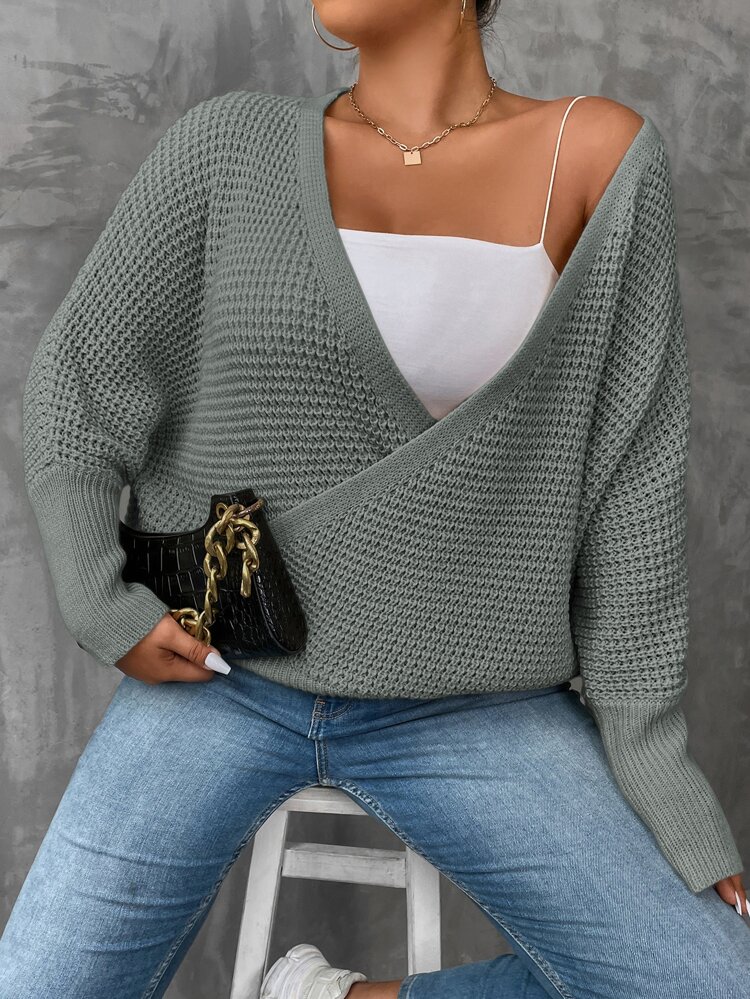 Plus Size Women V-Neck Crossed Open Shoulder Pullover Solid Color Casual Sweater For Autumn And Winter Knit Pullover Fall Sweater