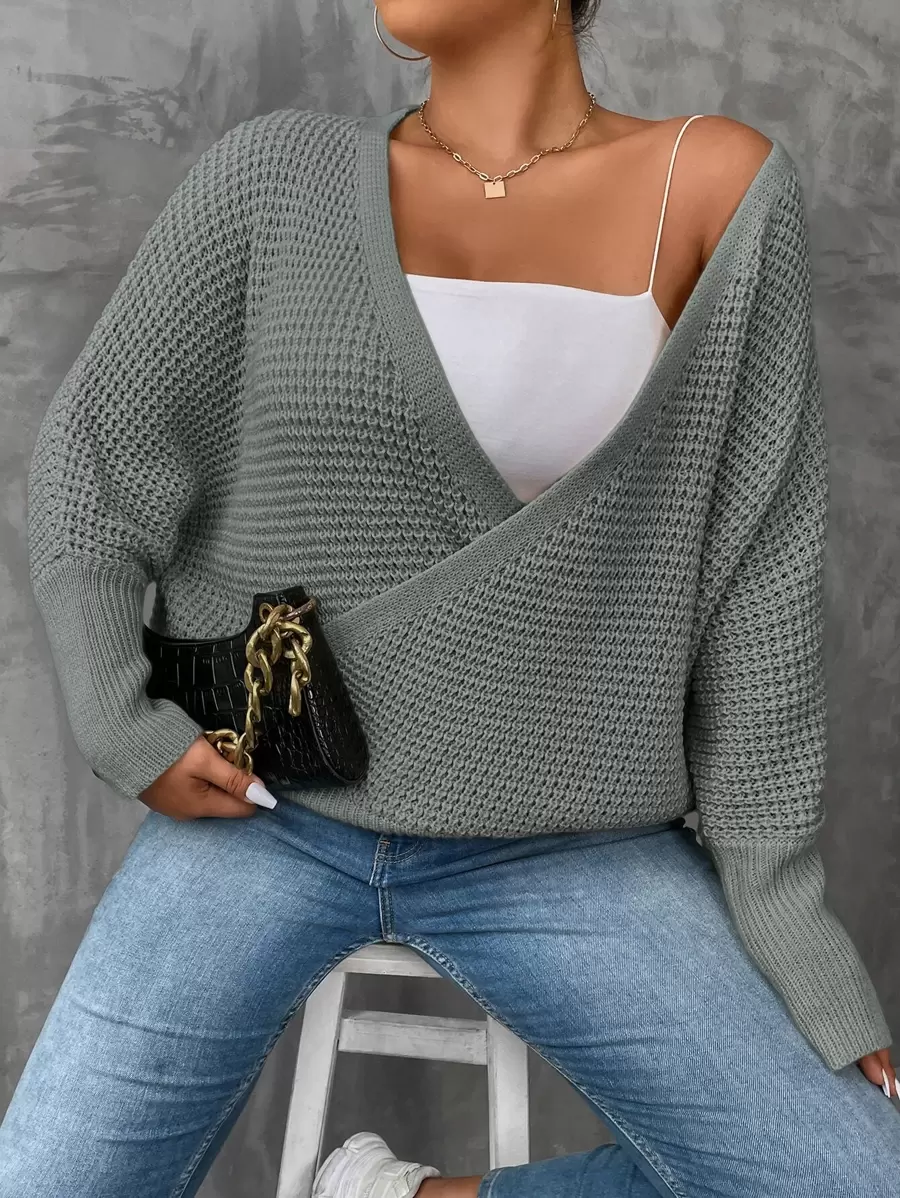 SHEIN Unity Plus Dolman Sleeve Overlap Collar Jumper Without Camisole - Grey - View 1