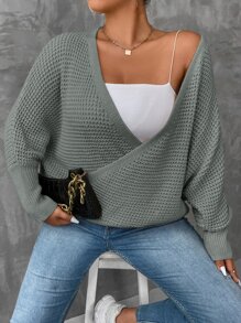 SHEIN Unity Plus Dolman Sleeve Overlap Collar Jumper Without Camisole - Grey - View 4