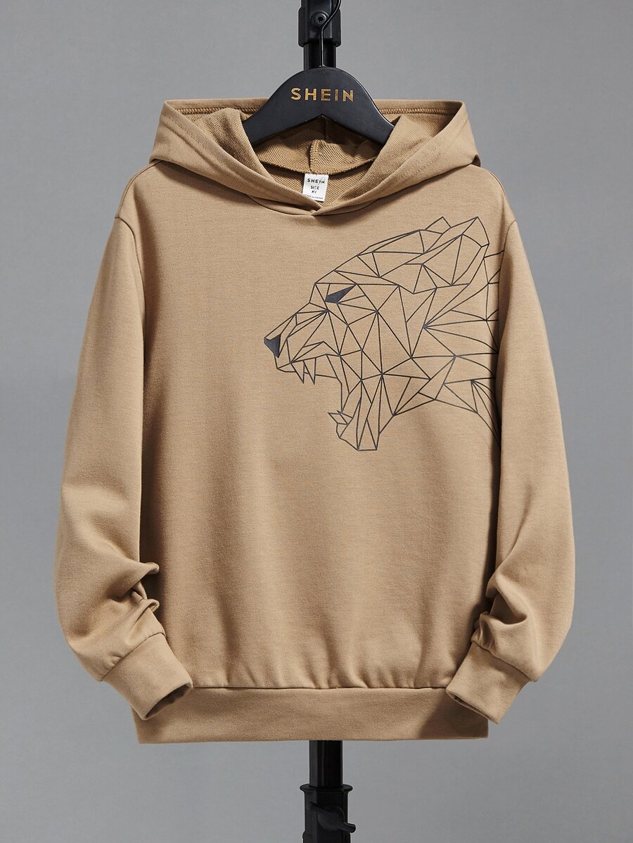 SHEIN 青少年男孩动物印花卫衣 - 卡其色 - 查看 1